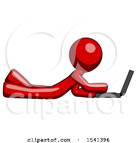 Red Design Mascot Man Using Laptop Computer While Lying on Floor Side View by Leo Blanchette