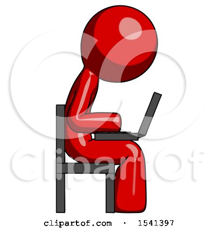 Red Design Mascot Man Using Laptop Computer While Sitting in Chair View from Side by Leo Blanchette