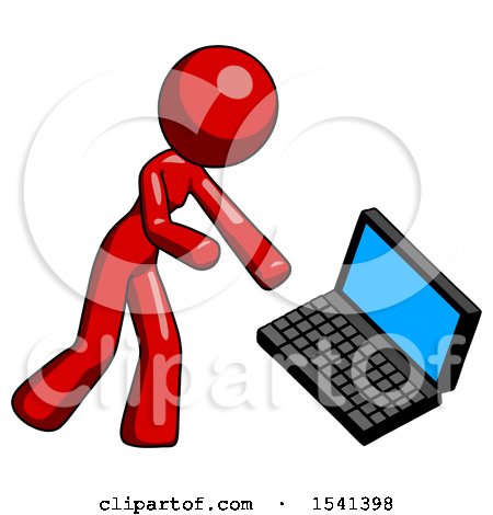 Red Design Mascot Woman Throwing Laptop Computer in Frustration by Leo Blanchette