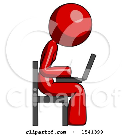 Red Design Mascot Woman Using Laptop Computer While Sitting in Chair View from Side by Leo Blanchette
