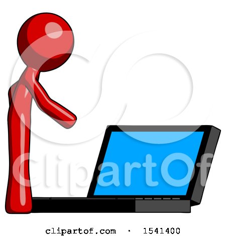 Red Design Mascot Man Using Large Laptop Computer Side Orthographic View by Leo Blanchette