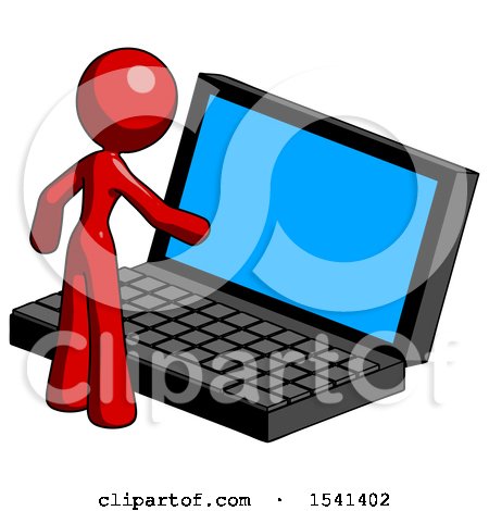 Red Design Mascot Woman Using Large Laptop Computer by Leo Blanchette
