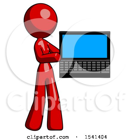 Red Design Mascot Woman Holding Laptop Computer Presenting Something on Screen by Leo Blanchette
