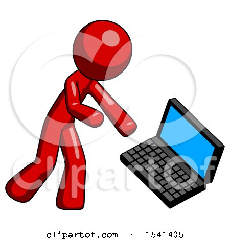 Red Design Mascot Man Throwing Laptop Computer in Frustration by Leo Blanchette