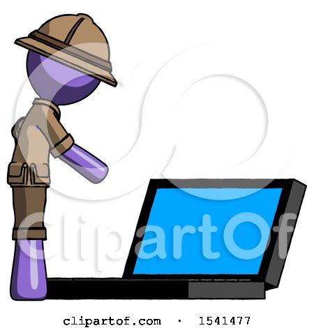 Purple Explorer Ranger Man Using Large Laptop Computer Side Orthographic View by Leo Blanchette