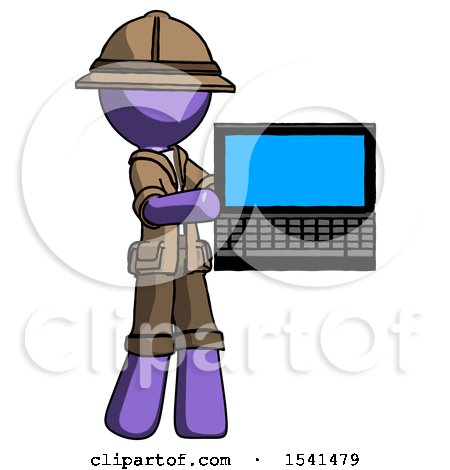 Purple Explorer Ranger Man Holding Laptop Computer Presenting Something on Screen by Leo Blanchette