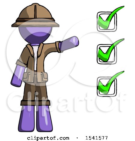 Purple Explorer Ranger Man Standing by List of Checkmarks by Leo Blanchette