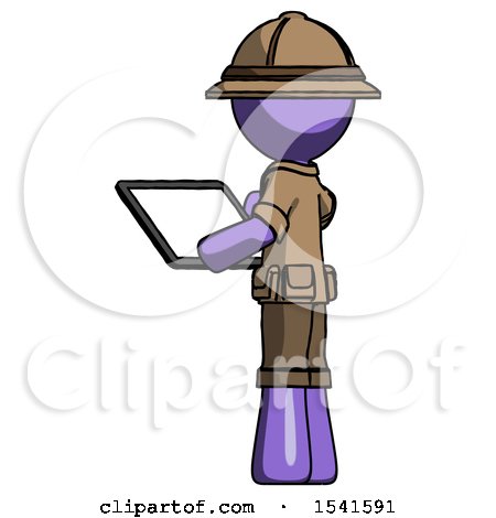 Purple Explorer Ranger Man Looking at Tablet Device Computer with Back to Viewer by Leo Blanchette