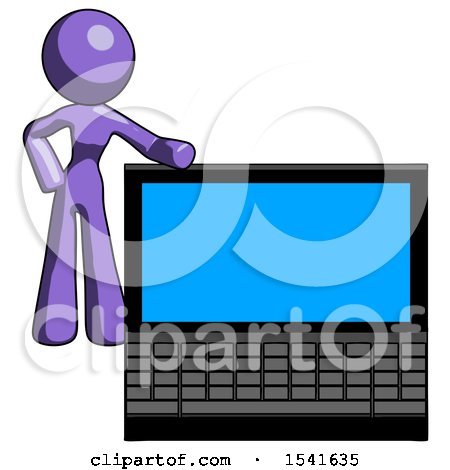 Purple Design Mascot Woman Beside Large Laptop Computer, Leaning Against It by Leo Blanchette