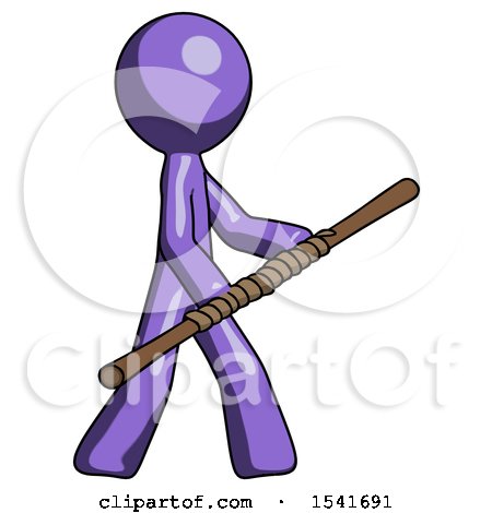 Purple Design Mascot Man Holding Bo Staff in Sideways Defense Pose by Leo Blanchette