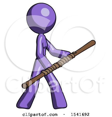 Purple Design Mascot Woman Holding Bo Staff in Sideways Defense Pose by Leo Blanchette