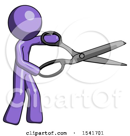 Purple Design Mascot Man Holding Giant Scissors Cutting out Something by Leo Blanchette