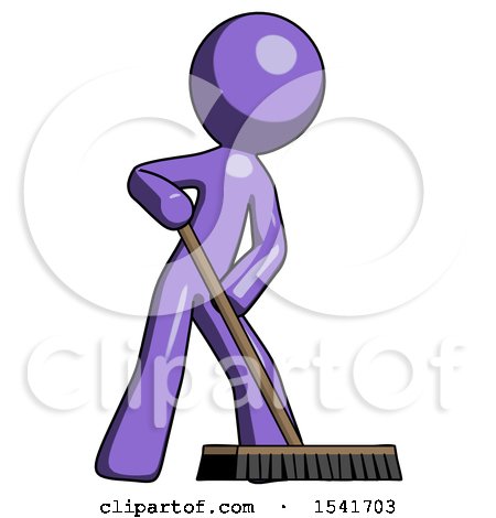 Purple Design Mascot Man Cleaning Services Janitor Sweeping Floor with Push Broom by Leo Blanchette