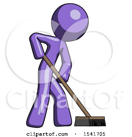 Purple Design Mascot Man Cleaning Services Janitor Sweeping Side View by Leo Blanchette