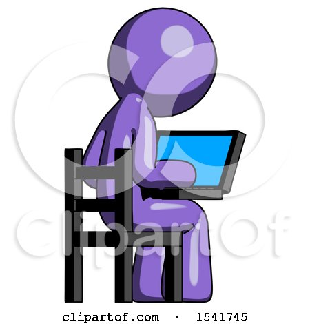 Purple Design Mascot Man Using Laptop Computer While Sitting in Chair View from Back by Leo Blanchette