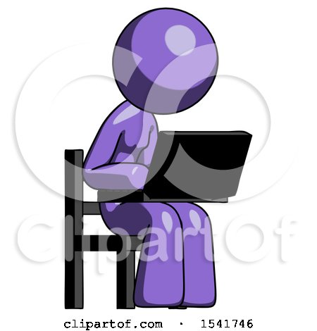 Purple Design Mascot Woman Using Laptop Computer While Sitting in Chair Angled Right by Leo Blanchette