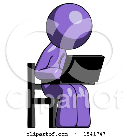 Purple Design Mascot Man Using Laptop Computer While Sitting in Chair Angled Right by Leo Blanchette