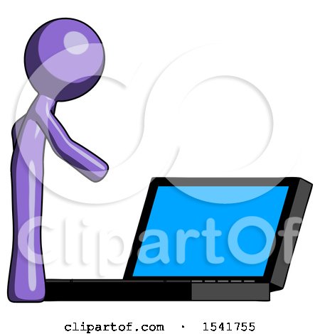 Purple Design Mascot Man Using Large Laptop Computer Side Orthographic View by Leo Blanchette