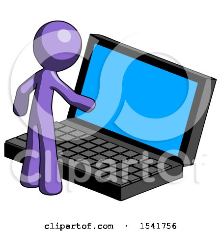 Purple Design Mascot Man Using Large Laptop Computer by Leo Blanchette