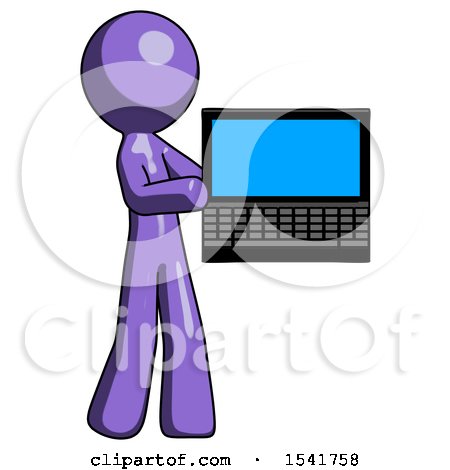 Purple Design Mascot Man Holding Laptop Computer Presenting Something on Screen by Leo Blanchette