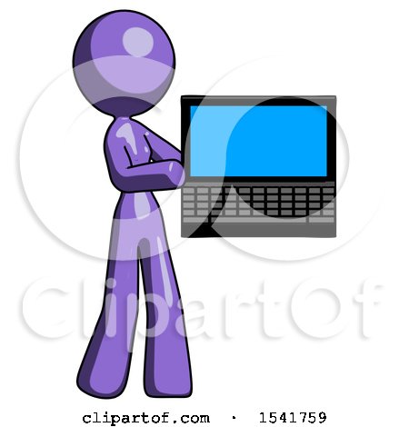 Purple Design Mascot Woman Holding Laptop Computer Presenting Something on Screen by Leo Blanchette