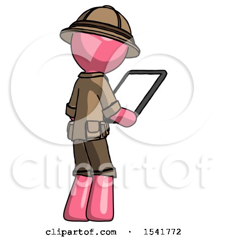 Pink Explorer Ranger Man Looking at Tablet Device Computer Facing Away by Leo Blanchette