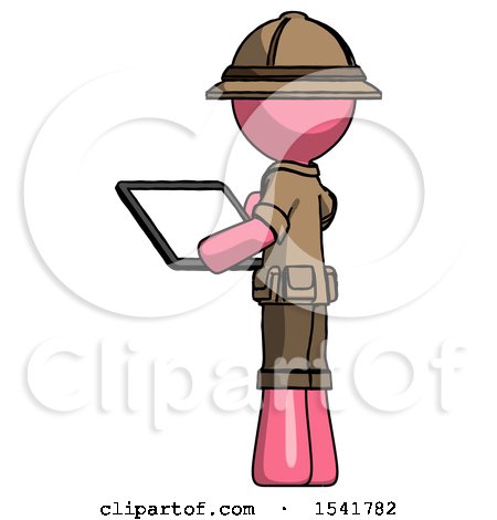 Pink Explorer Ranger Man Looking at Tablet Device Computer with Back to Viewer by Leo Blanchette