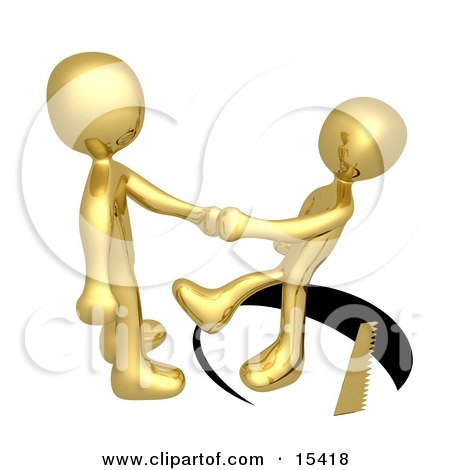 Unsuspecting Gold Man Shaking Hands On A Deal With Another Man As A Saw Cuts A Circle Out From Under Him and He Slips Clipart Illustration Image by 3poD