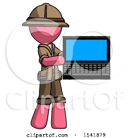 Pink Explorer Ranger Man Holding Laptop Computer Presenting Something on Screen by Leo Blanchette