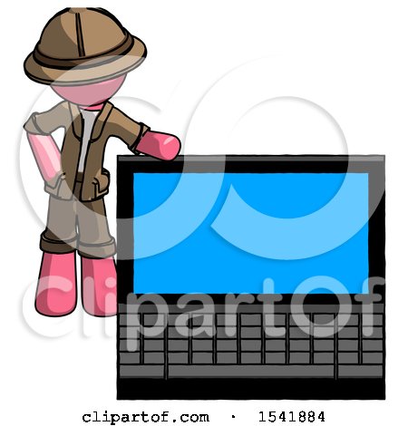 Pink Explorer Ranger Man Beside Large Laptop Computer, Leaning Against It by Leo Blanchette
