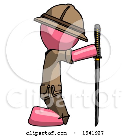 Pink Explorer Ranger Man Kneeling with Ninja Sword Katana Showing Respect by Leo Blanchette