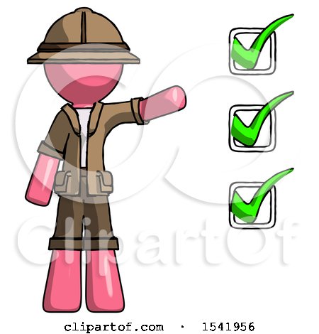 Pink Explorer Ranger Man Standing by List of Checkmarks by Leo Blanchette