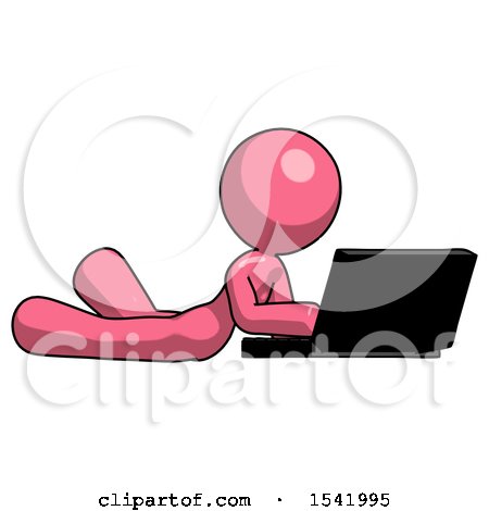 Pink Design Mascot Woman Using Laptop Computer While Lying on Floor Side Angled View by Leo Blanchette