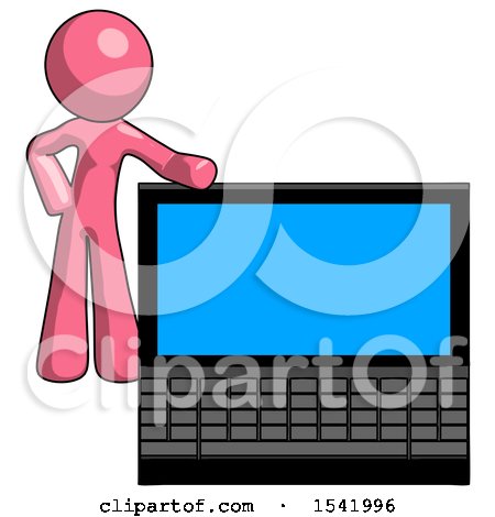 Pink Design Mascot Man Beside Large Laptop Computer, Leaning Against It by Leo Blanchette