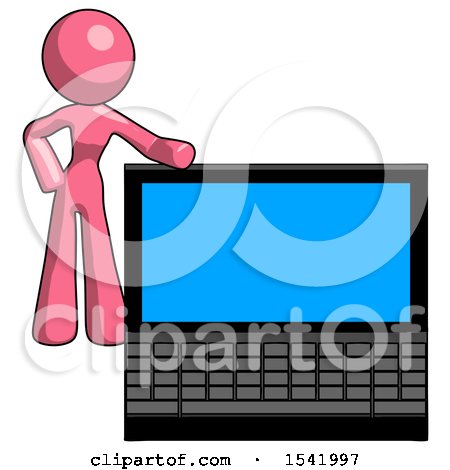 Pink Design Mascot Woman Beside Large Laptop Computer, Leaning Against It by Leo Blanchette