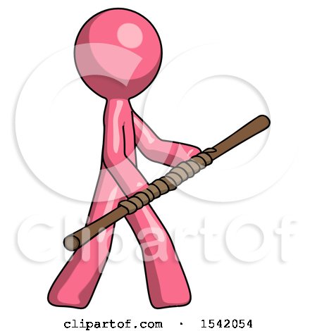 Pink Design Mascot Man Holding Bo Staff in Sideways Defense Pose by Leo Blanchette