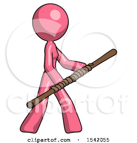 Pink Design Mascot Woman Holding Bo Staff in Sideways Defense Pose by Leo Blanchette