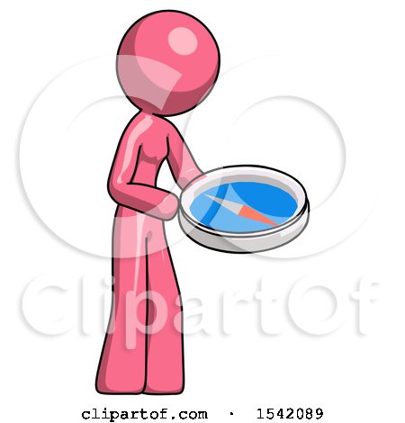 Pink Design Mascot Woman Looking at Large Compass Facing Right by Leo Blanchette