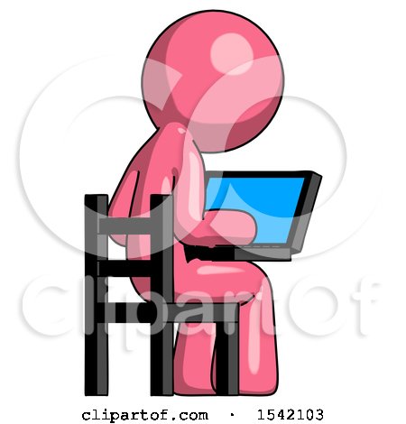 Pink Design Mascot Man Using Laptop Computer While Sitting in Chair View from Back by Leo Blanchette