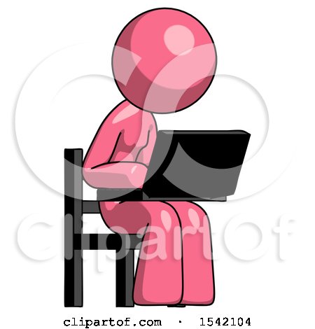 Pink Design Mascot Woman Using Laptop Computer While Sitting in Chair Angled Right by Leo Blanchette