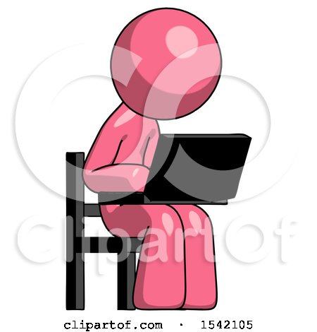 Pink Design Mascot Man Using Laptop Computer While Sitting in Chair Angled Right by Leo Blanchette