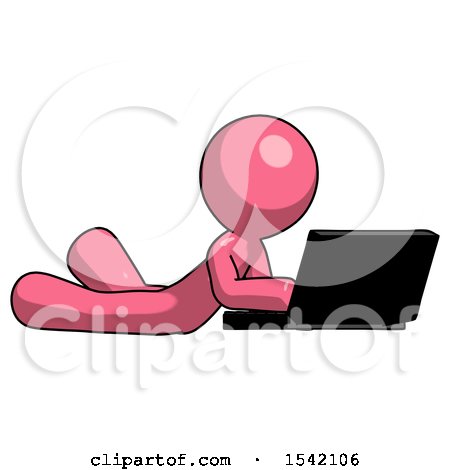 Pink Design Mascot Man Using Laptop Computer While Lying on Floor Side Angled View by Leo Blanchette