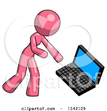 Pink Design Mascot Woman Throwing Laptop Computer in Frustration by Leo Blanchette