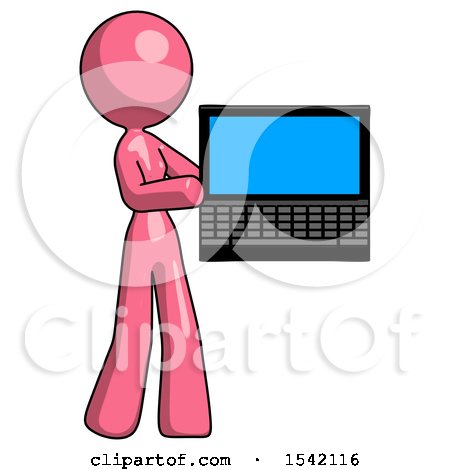 Pink Design Mascot Woman Holding Laptop Computer Presenting Something on Screen by Leo Blanchette
