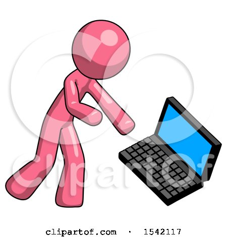 Pink Design Mascot Man Throwing Laptop Computer in Frustration by Leo Blanchette