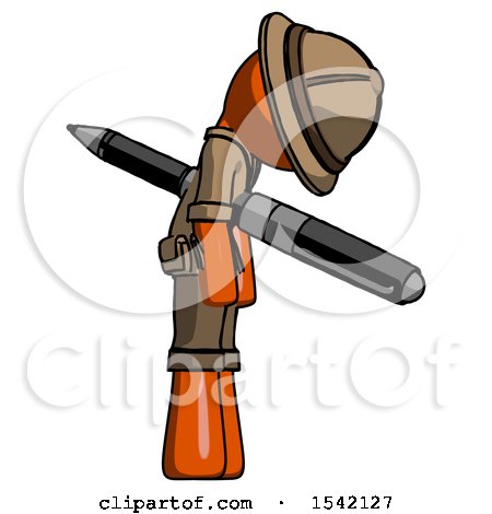 Orange Explorer Ranger Man Impaled Through Chest with Giant Pen by Leo Blanchette