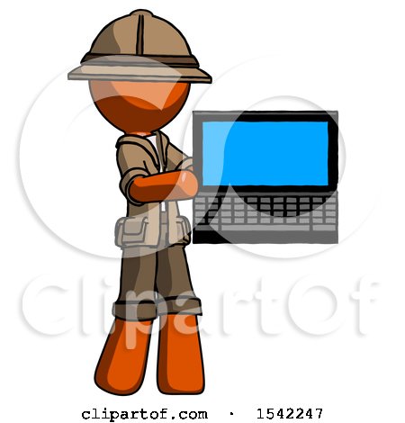 Orange Explorer Ranger Man Holding Laptop Computer Presenting Something on Screen by Leo Blanchette