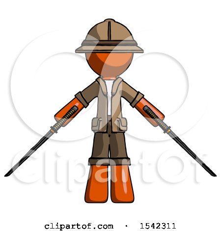 Orange Explorer Ranger Man Posing with Two Ninja Sword Katanas by Leo Blanchette