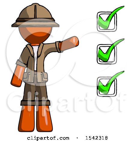 Orange Explorer Ranger Man Standing by List of Checkmarks by Leo Blanchette