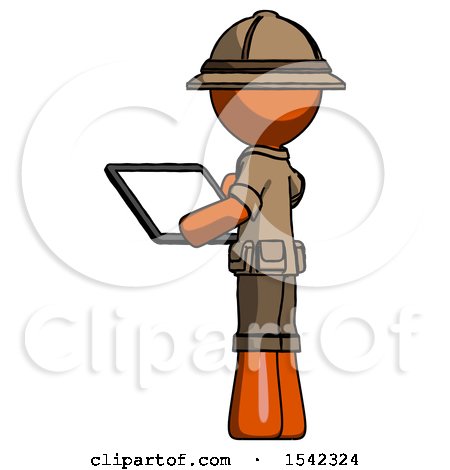 Orange Explorer Ranger Man Looking at Tablet Device Computer with Back to Viewer by Leo Blanchette